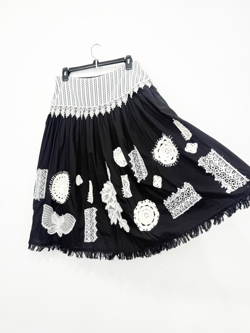 Basil & Maude Black 100% Cotton Lace Appliqué Fringe Hem A line Full Skirt